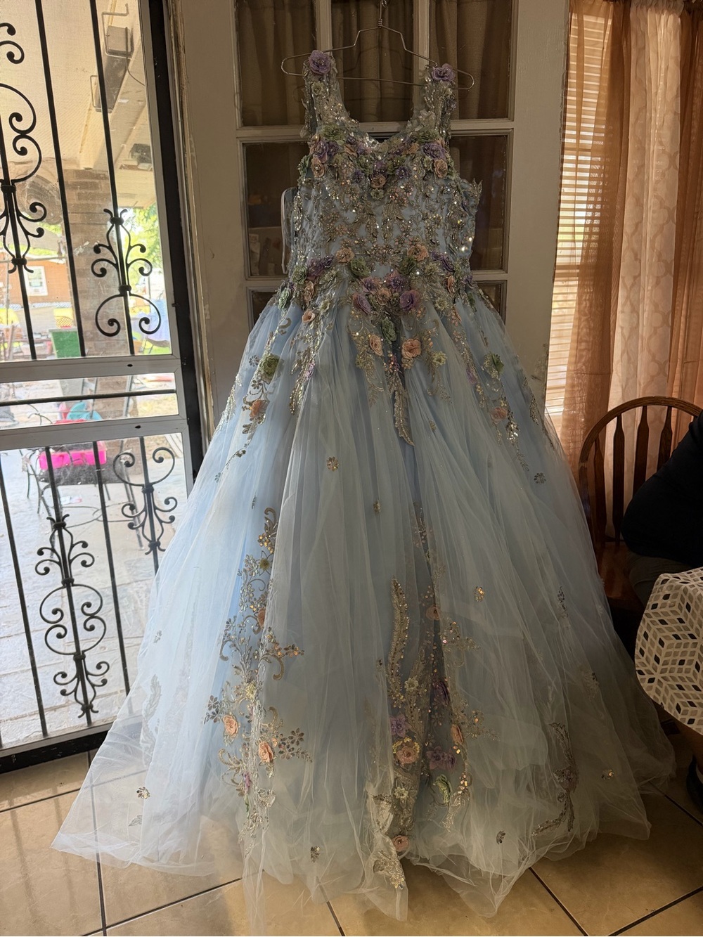 Rachel Allan Pale Blue Tulle Ball Gown with Floral Embellishments
